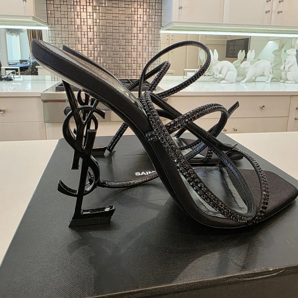 💯 Authentic Saint Laurent Opyum Crystal Black Strappy Sandals - Picture 8 of 17